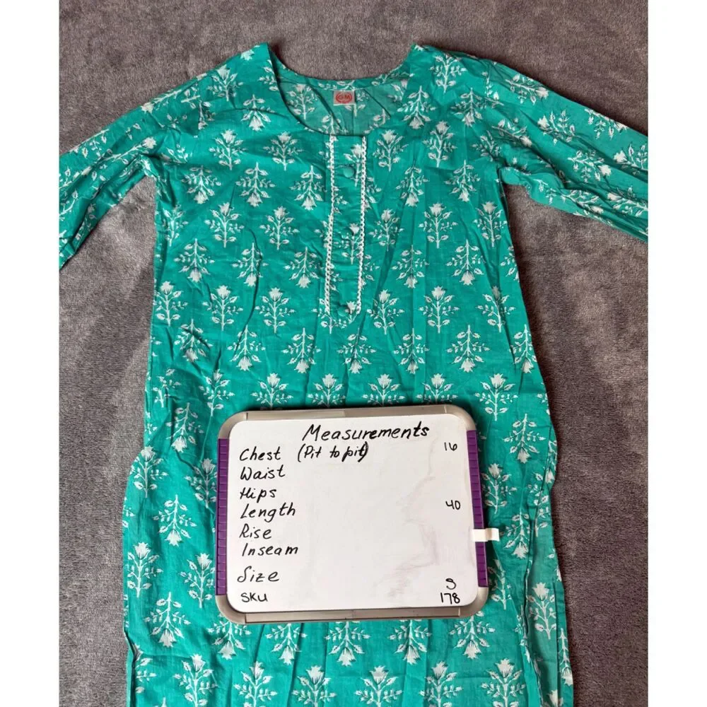 GM Teal White Floral Block Print Cotton Midi Kurta Dress 3/4 Sleeve Women's S